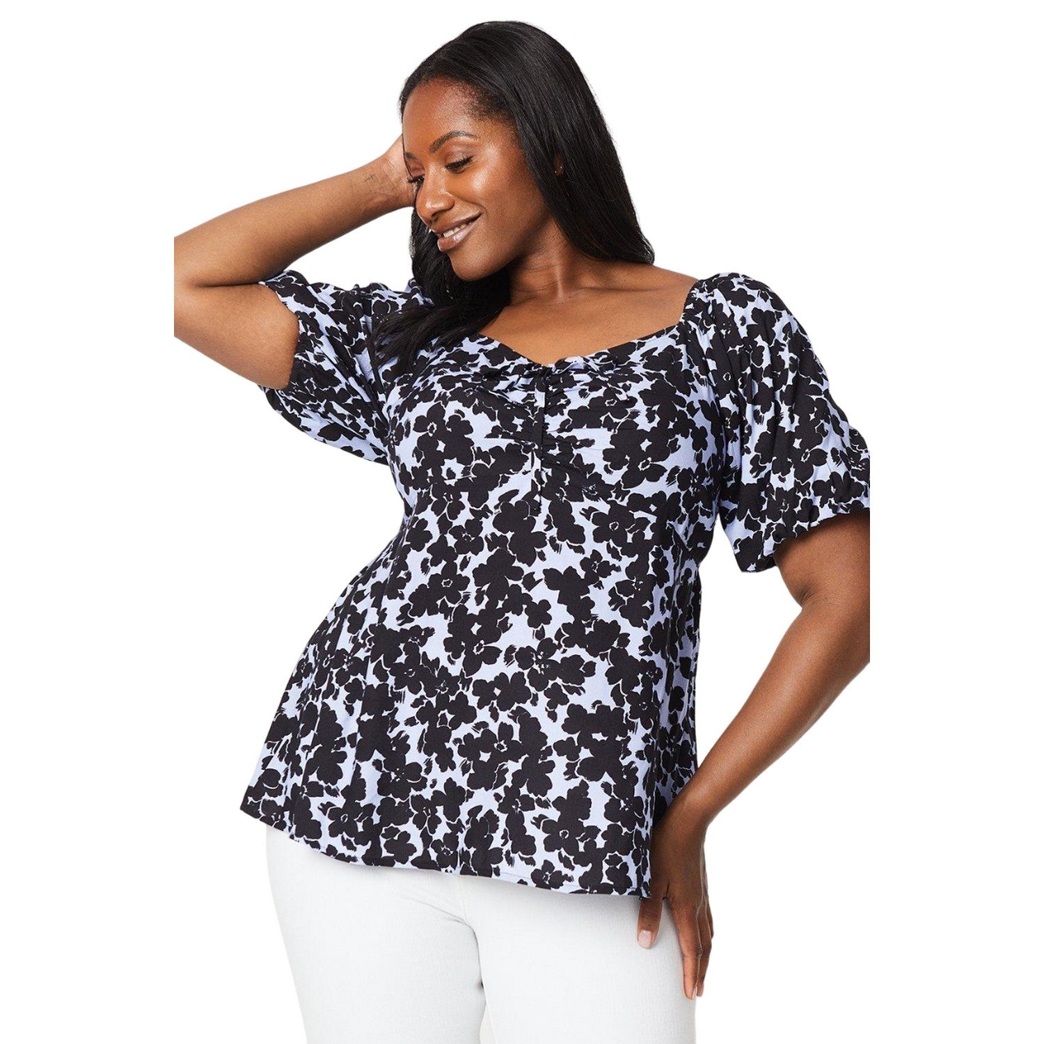 Blue-Black - Front - Dorothy Perkins Womens-Ladies Floral Front Tie Curved Top