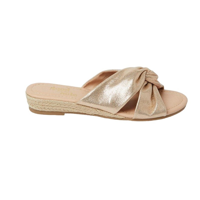Gold - Back - Good For The Sole Womens-Ladies Harper Knotted Soft Wide Low Heel Wedge Mules