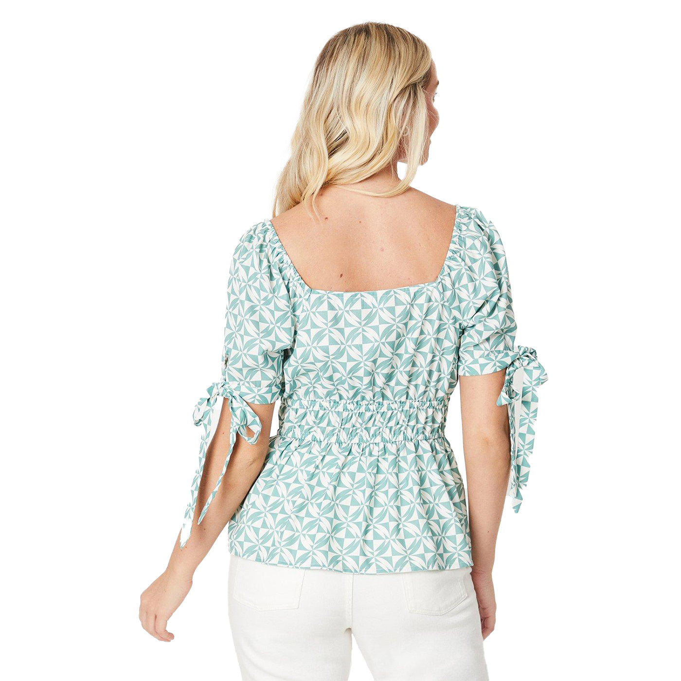 Green-White - Back - Dorothy Perkins Womens-Ladies Tie Cuff Puff Sleeve Blouse
