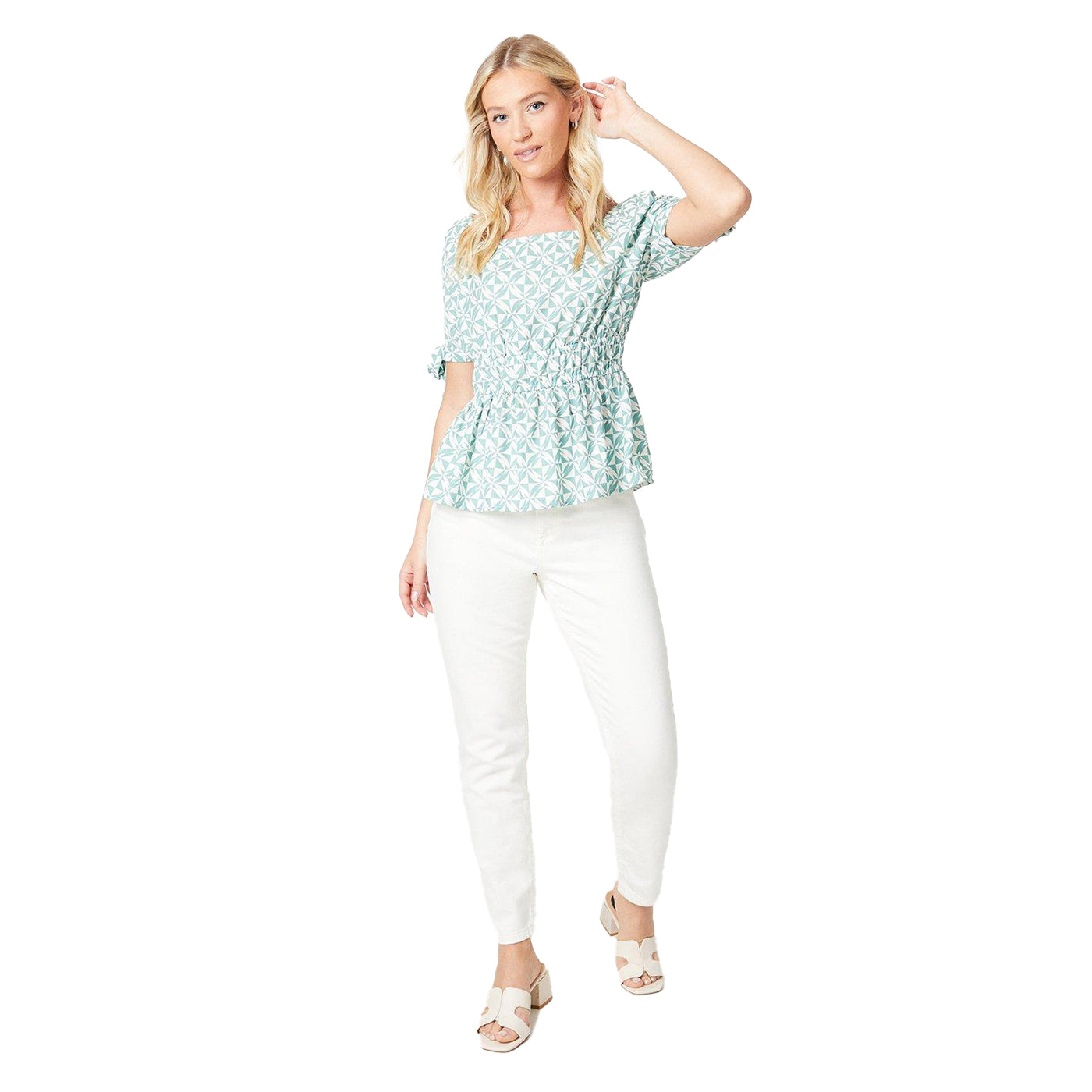 Green-White - Lifestyle - Dorothy Perkins Womens-Ladies Tie Cuff Puff Sleeve Blouse