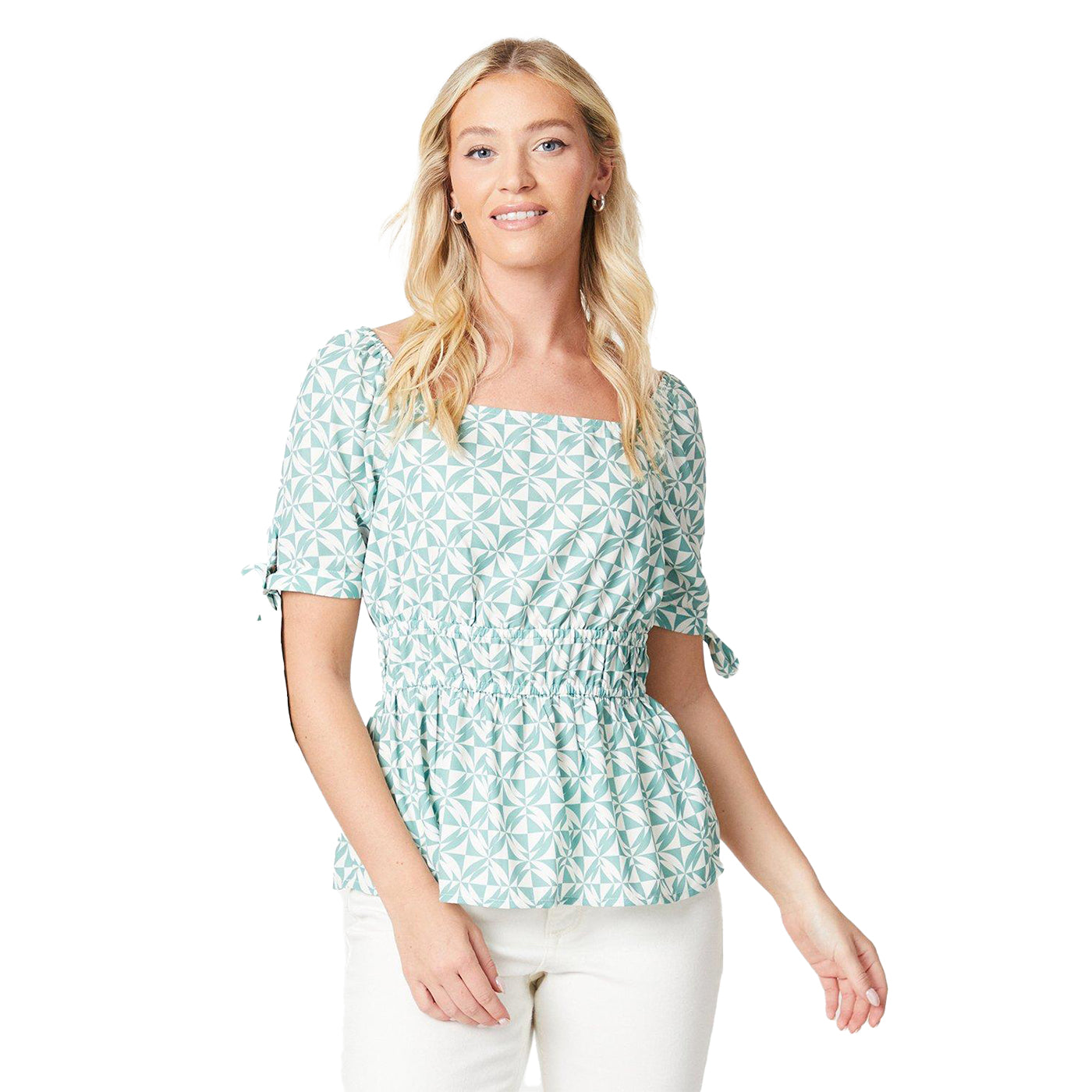 Green-White - Front - Dorothy Perkins Womens-Ladies Tie Cuff Puff Sleeve Blouse