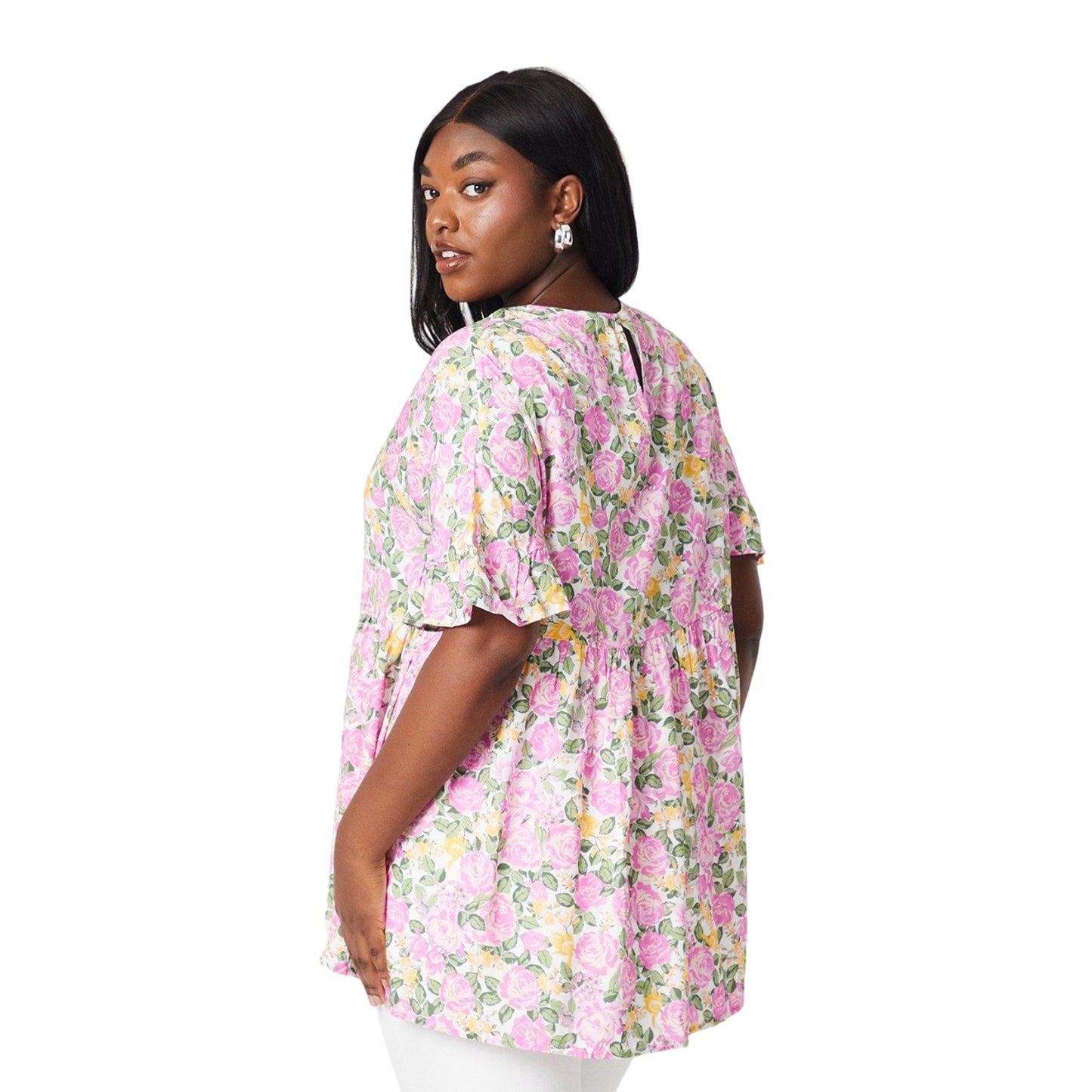 Pink-Green - Back - Dorothy Perkins Womens-Ladies Floral Plus Smock Top