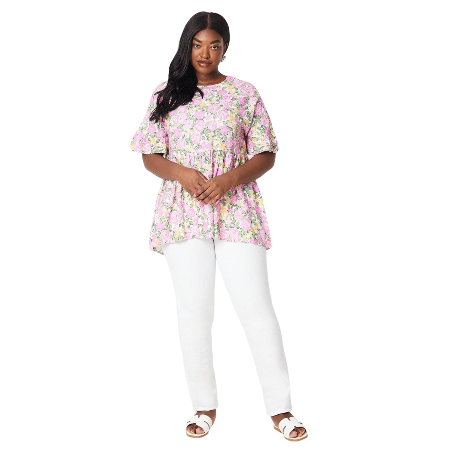 Pink-Green - Side - Dorothy Perkins Womens-Ladies Floral Plus Smock Top