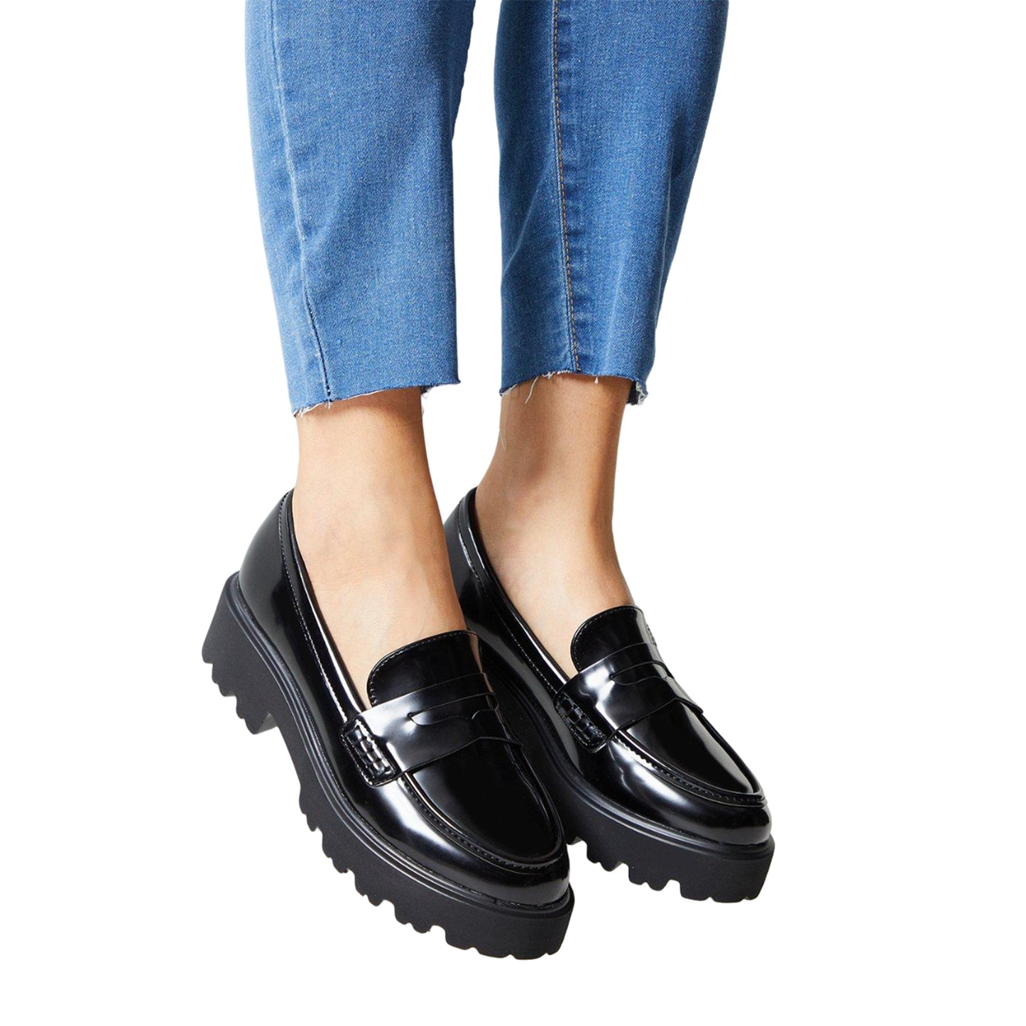 Black - Side - Faith Womens-Ladies Noa High Shine Chunky Heel Penny Loafers