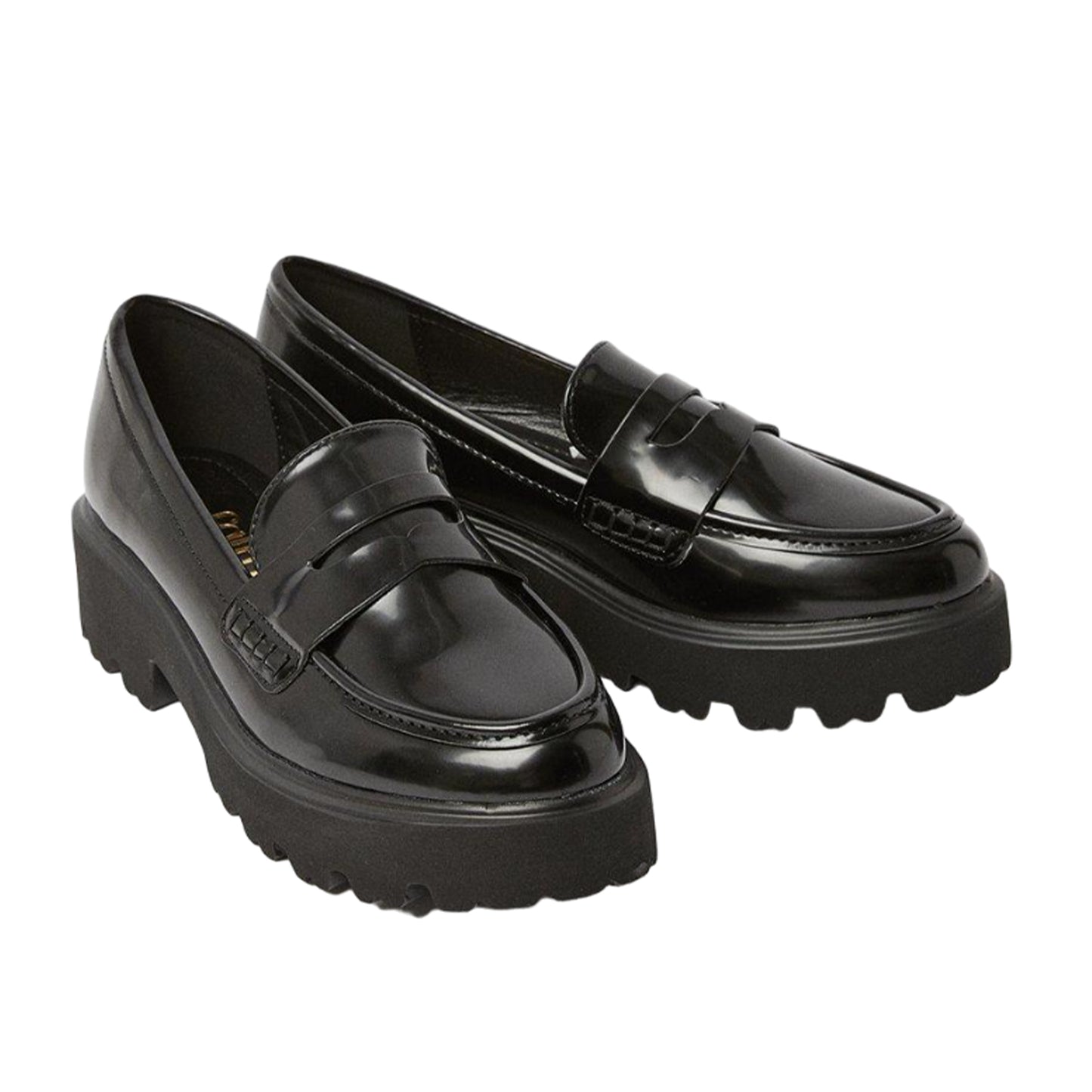 Black - Front - Faith Womens-Ladies Noa High Shine Chunky Heel Penny Loafers