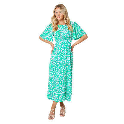 Green - Front - Dorothy Perkins Womens-Ladies Floral Petite Flutter Midi Dress