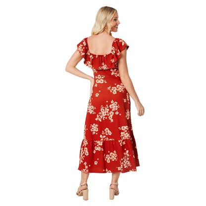 Red - Back - Dorothy Perkins Womens-Ladies Floral Frill Detail Midi Dress