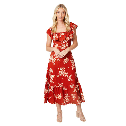 Red - Front - Dorothy Perkins Womens-Ladies Floral Frill Detail Midi Dress