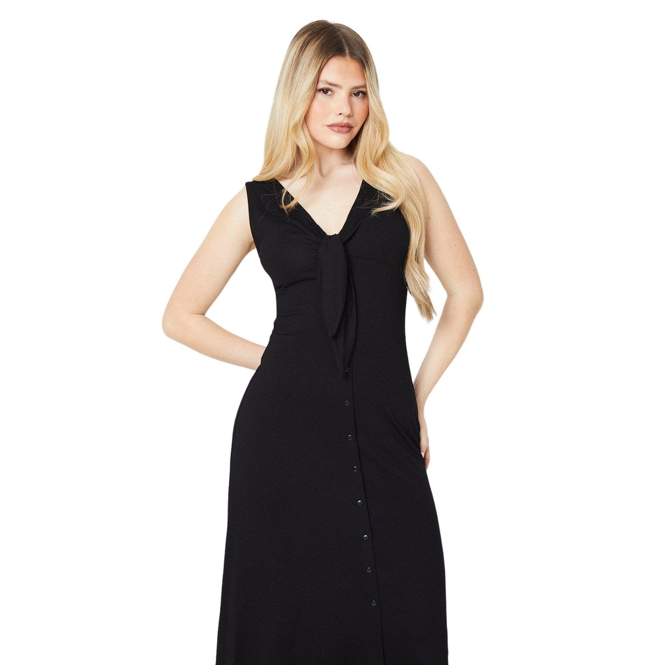 Black - Side - Dorothy Perkins Womens-Ladies Button Front Tie Midi Dress