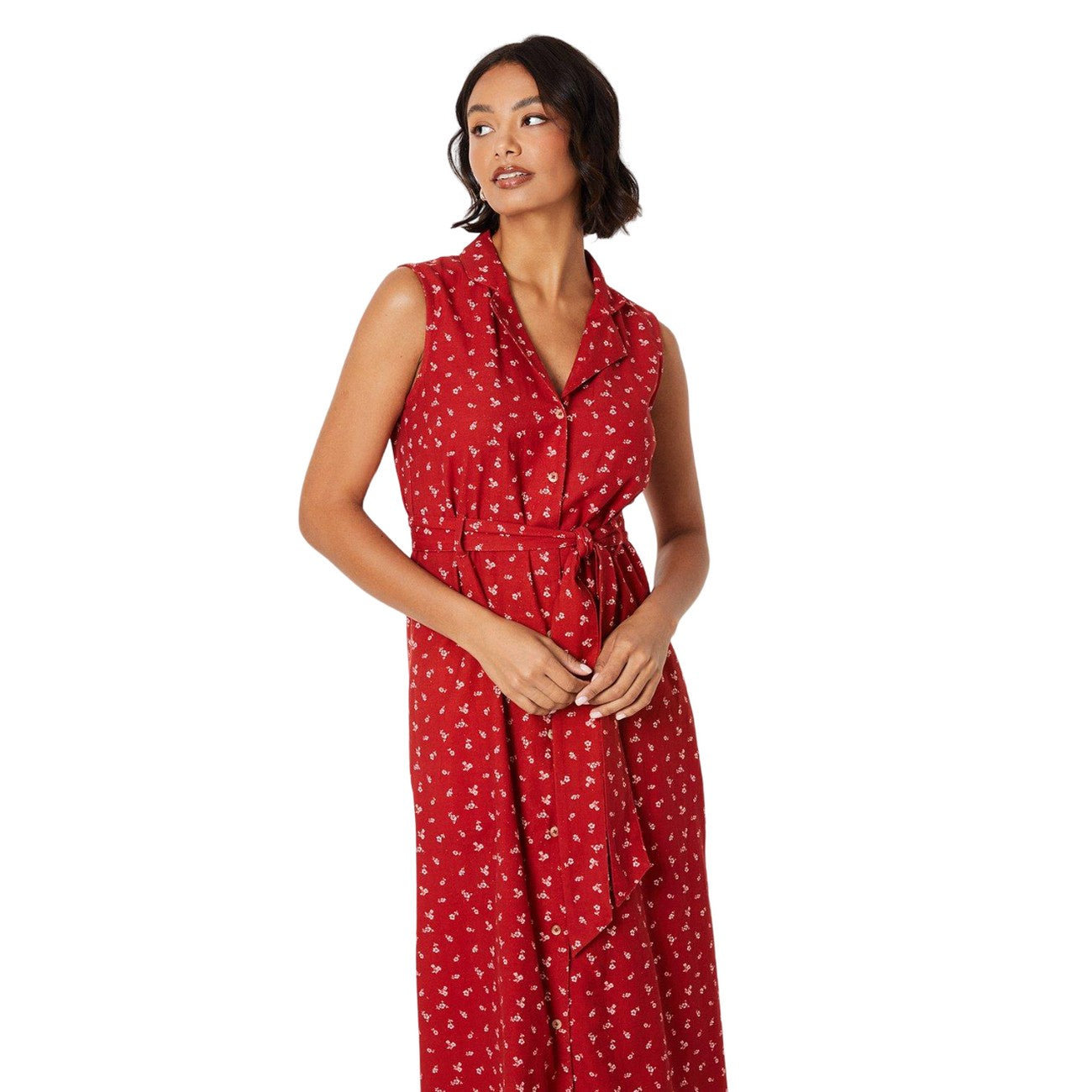 Red - Side - Dorothy Perkins Womens-Ladies Ditsy Print Belt Sleeveless Shirt Dress