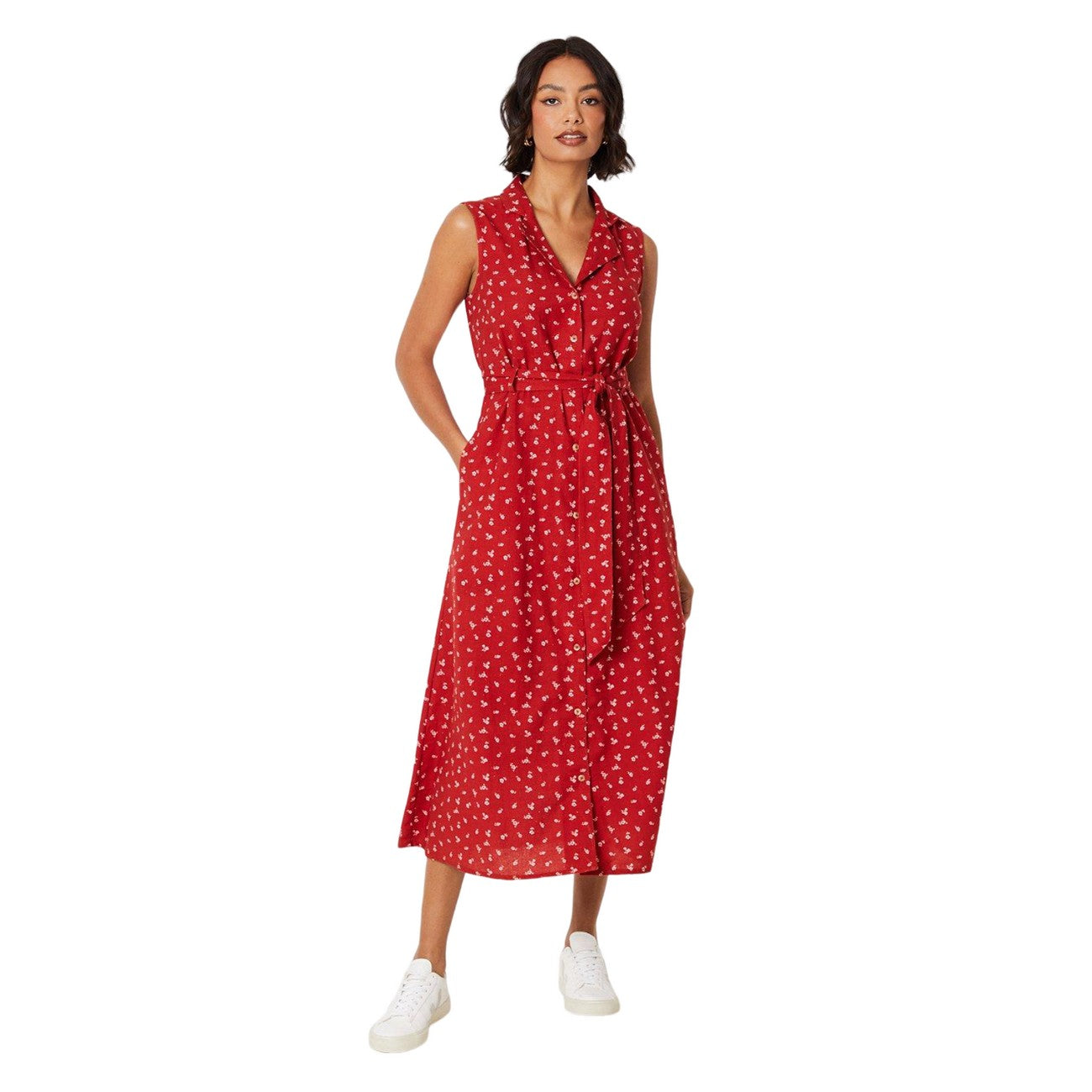 Red - Front - Dorothy Perkins Womens-Ladies Ditsy Print Belt Sleeveless Shirt Dress