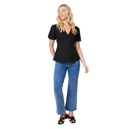Black - Side - Dorothy Perkins Womens-Ladies Button Through Short-Sleeved Blouse