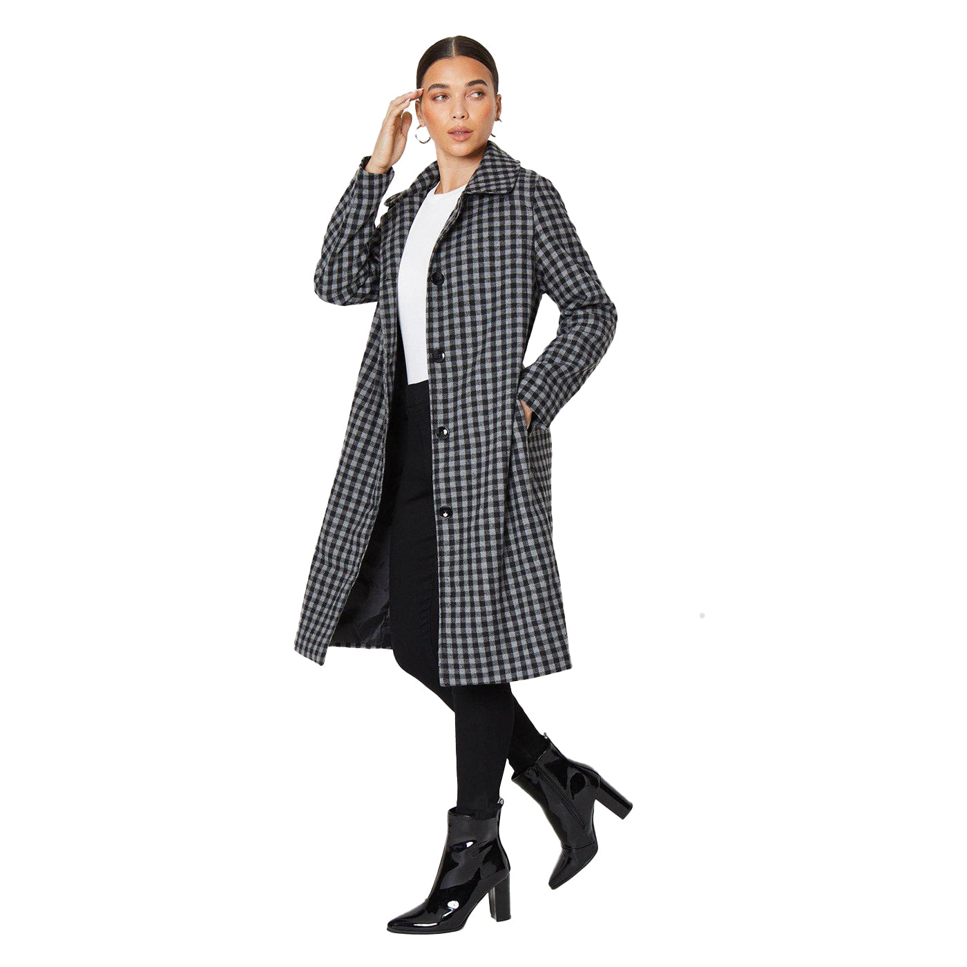 Grey - Side - Dorothy Perkins Womens-Ladies Checked Petite Dolly Coat