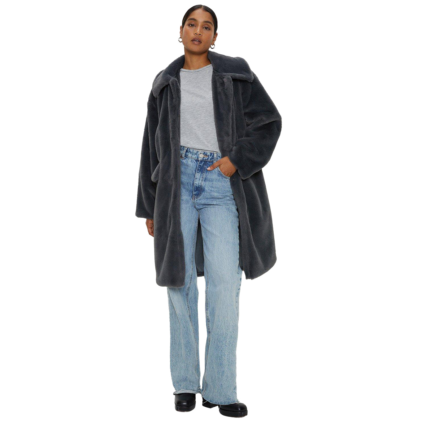 Charcoal - Lifestyle - Dorothy Perkins Womens-Ladies Longline Faux Fur Collared Coat