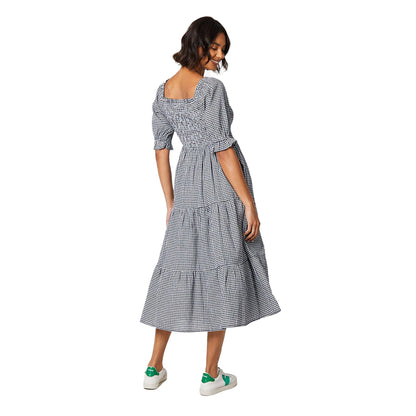 Black-White - Back - Dorothy Perkins Womens-Ladies Gingham Shirred Bodice Puff Sleeve Midi Dress