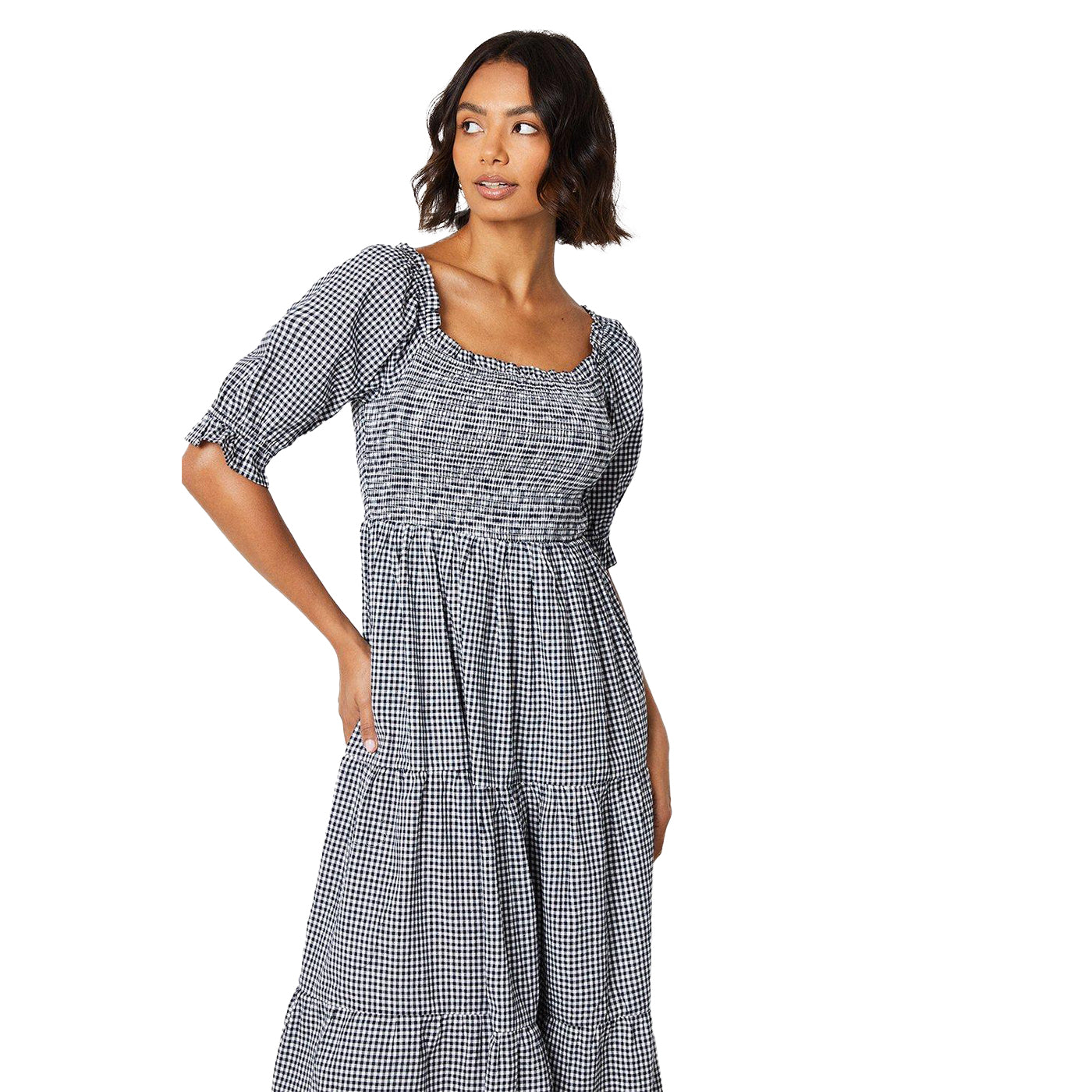 Black-White - Lifestyle - Dorothy Perkins Womens-Ladies Gingham Shirred Bodice Puff Sleeve Midi Dress