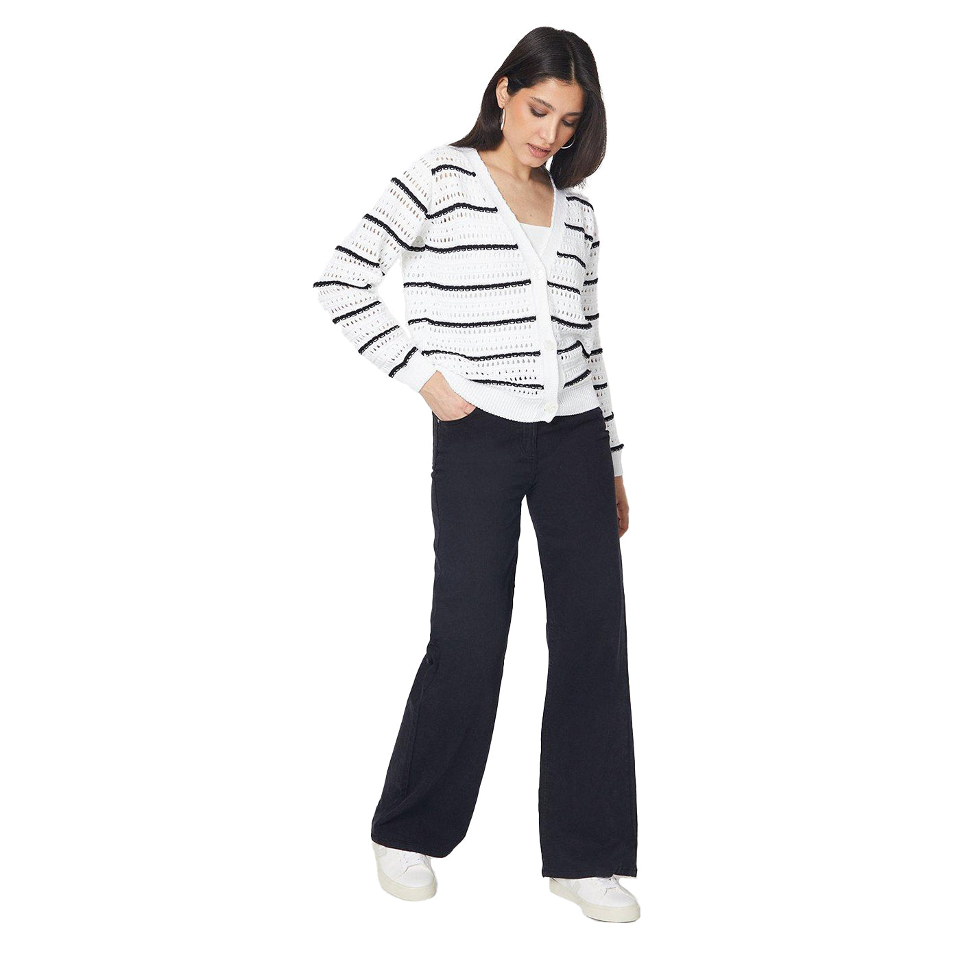 White-Black - Lifestyle - Dorothy Perkins Womens-Ladies Button Stitch Detail Cardigan