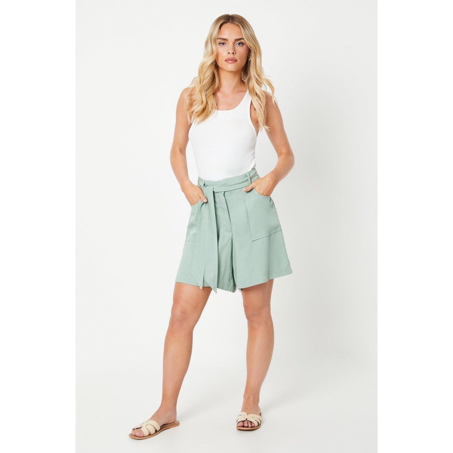 Sage - Front - Dorothy Perkins Womens-Ladies Belted Topstitched Petite Shorts