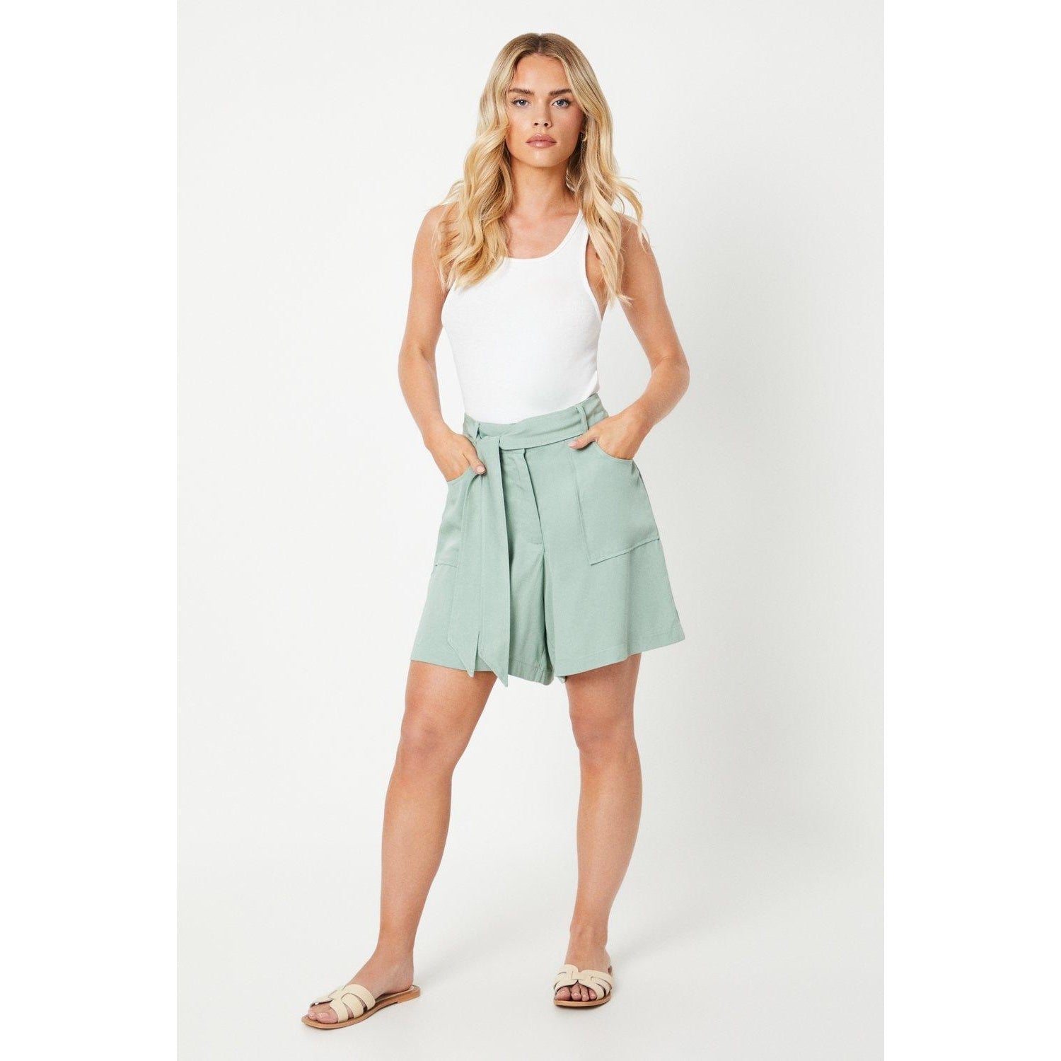 Sage - Front - Dorothy Perkins Womens-Ladies Belted Topstitched Petite Shorts