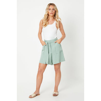 Sage - Front - Dorothy Perkins Womens-Ladies Belted Topstitched Petite Shorts