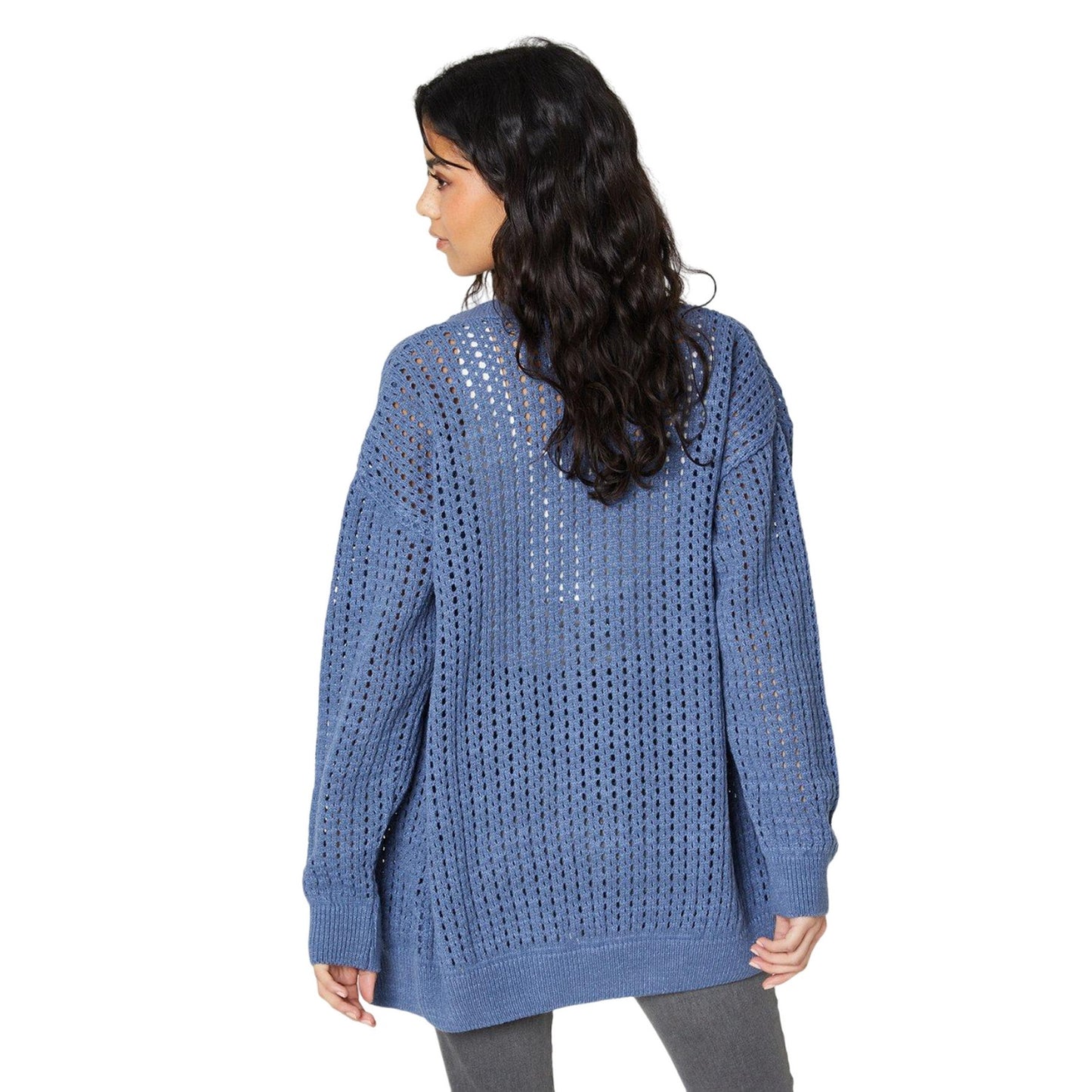 Denim Blue - Back - Dorothy Perkins Womens-Ladies Stitch Pointelle Petite Longline Cardigan