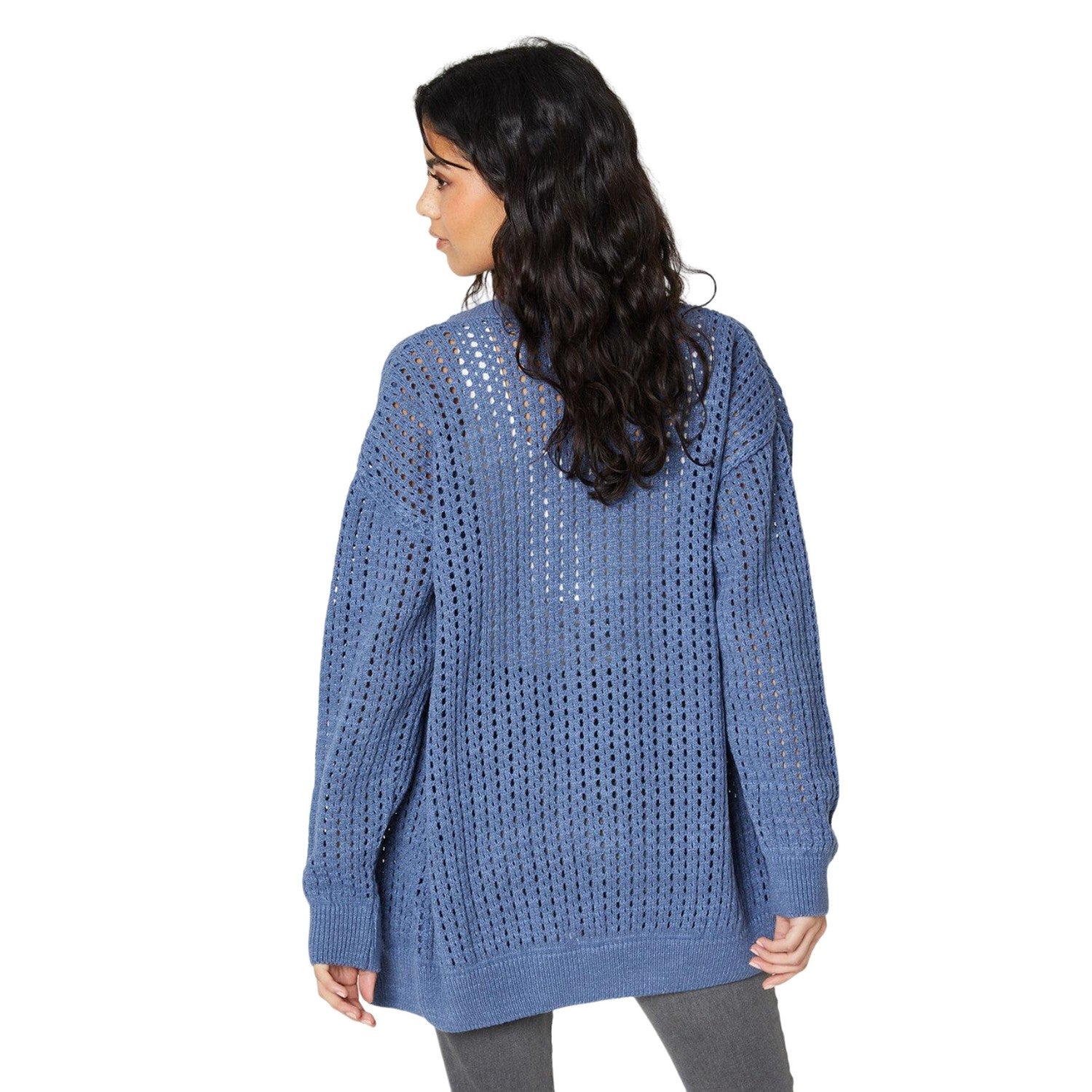 Denim Blue - Back - Dorothy Perkins Womens-Ladies Stitch Pointelle Petite Longline Cardigan