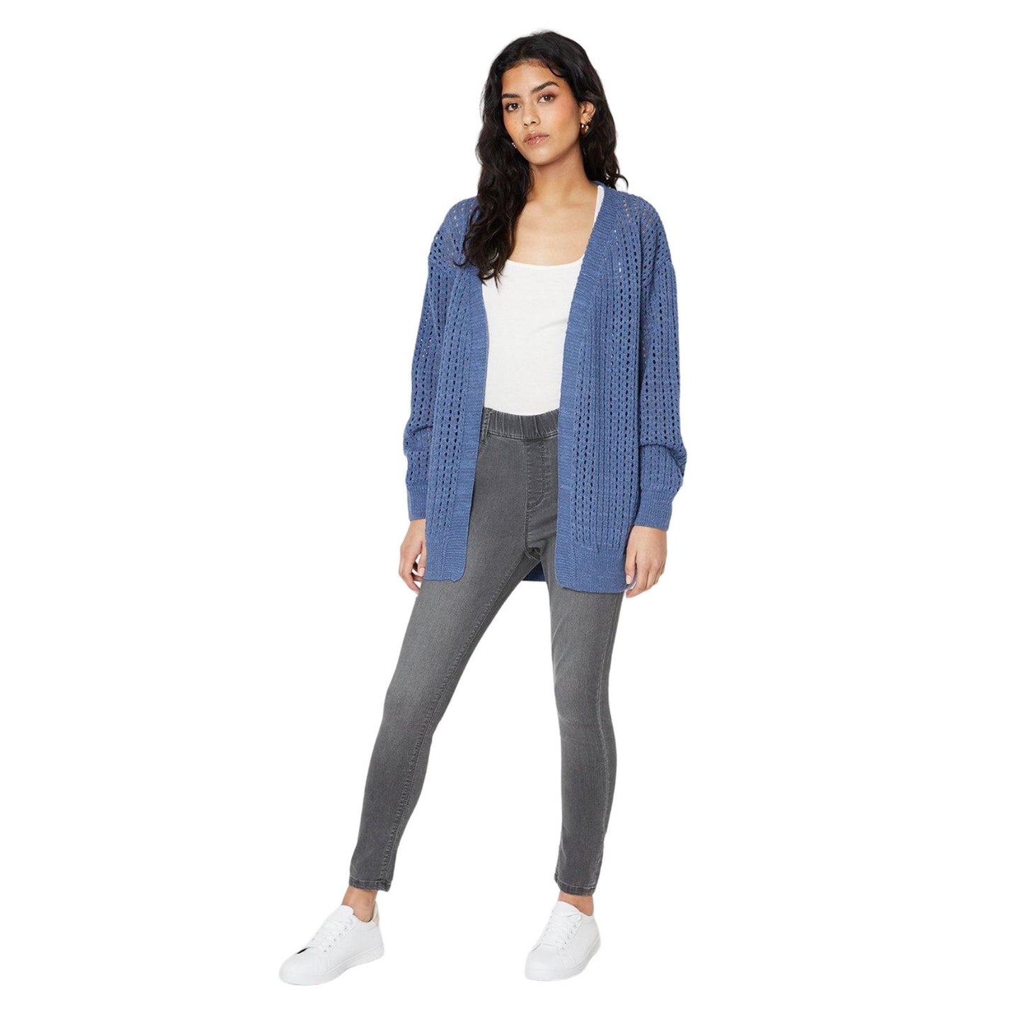 Denim Blue - Side - Dorothy Perkins Womens-Ladies Stitch Pointelle Petite Longline Cardigan