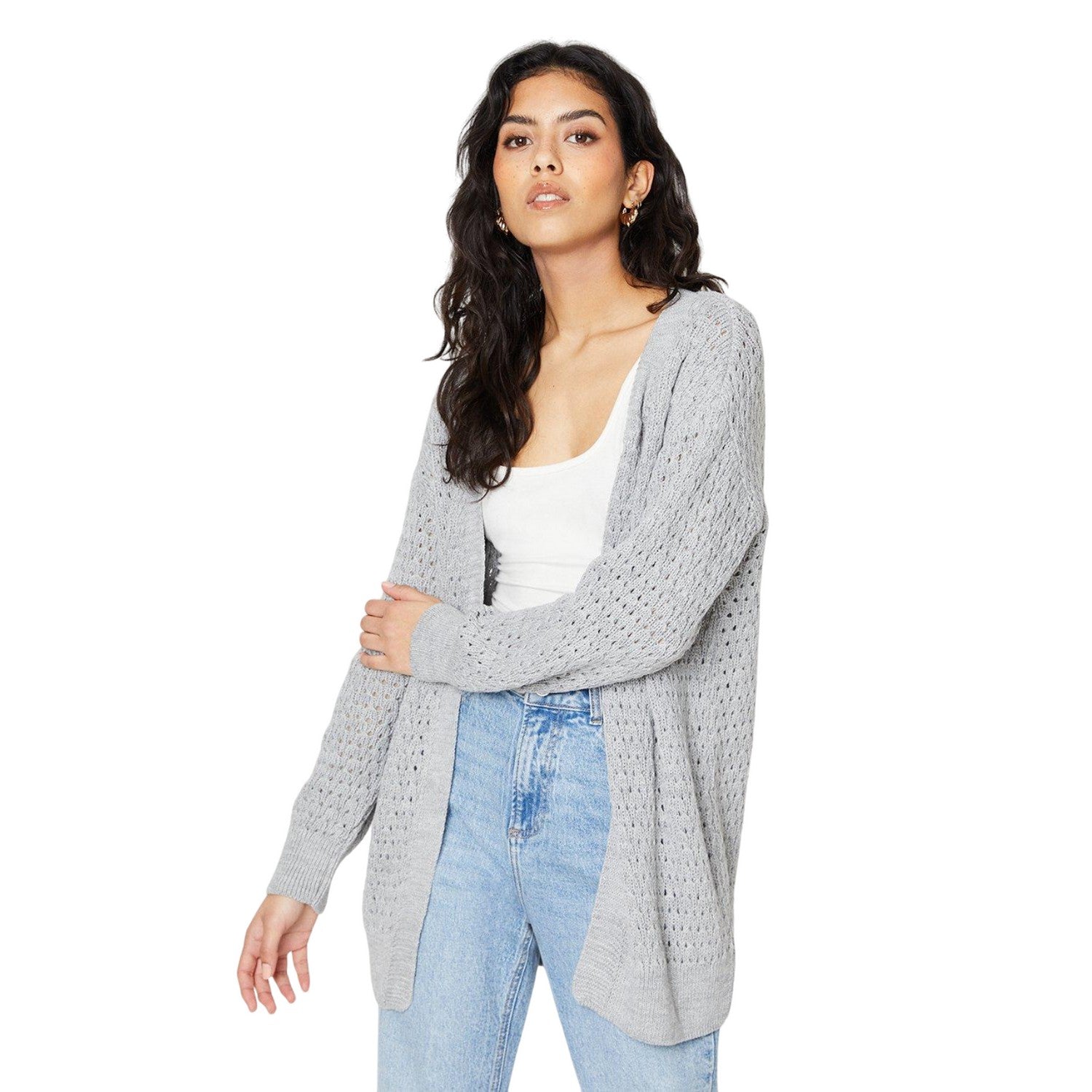 Light Grey - Front - Dorothy Perkins Womens-Ladies Stitch Pointelle Petite Longline Cardigan