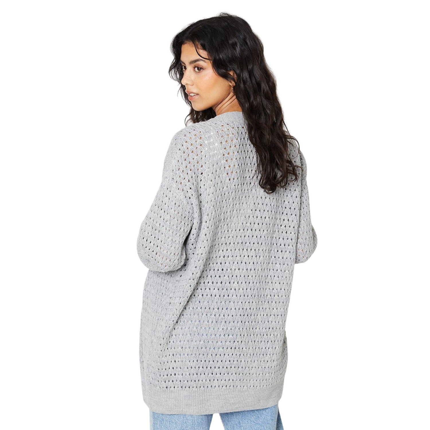 Light Grey - Back - Dorothy Perkins Womens-Ladies Stitch Pointelle Petite Longline Cardigan