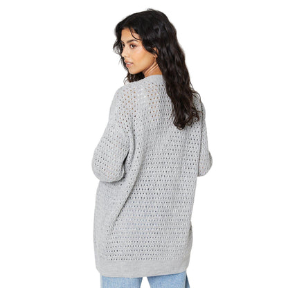 Light Grey - Back - Dorothy Perkins Womens-Ladies Stitch Pointelle Petite Longline Cardigan