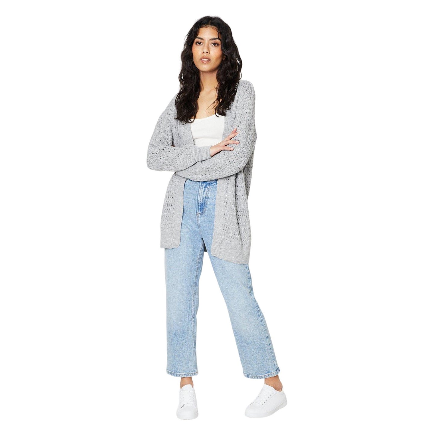 Light Grey - Side - Dorothy Perkins Womens-Ladies Stitch Pointelle Petite Longline Cardigan