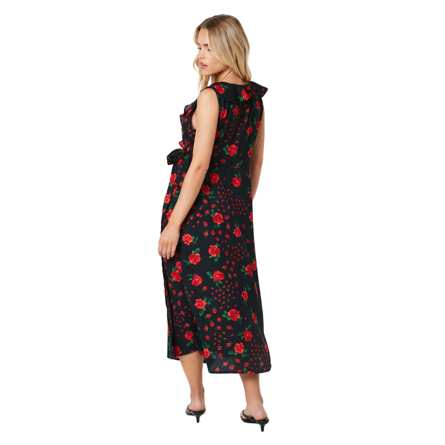 Black - Back - Dorothy Perkins Womens-Ladies Floral Frill Neck Petite Midi Dress