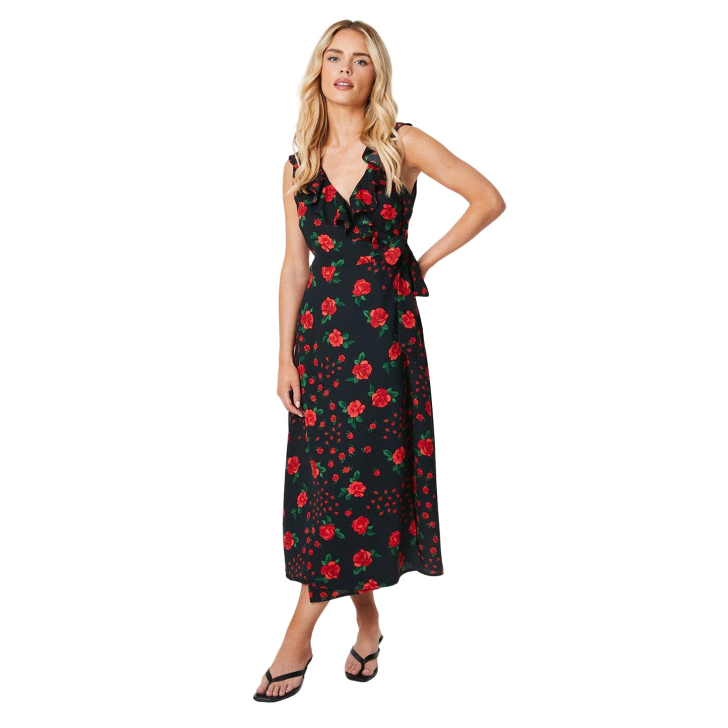 Black - Front - Dorothy Perkins Womens-Ladies Floral Frill Neck Petite Midi Dress
