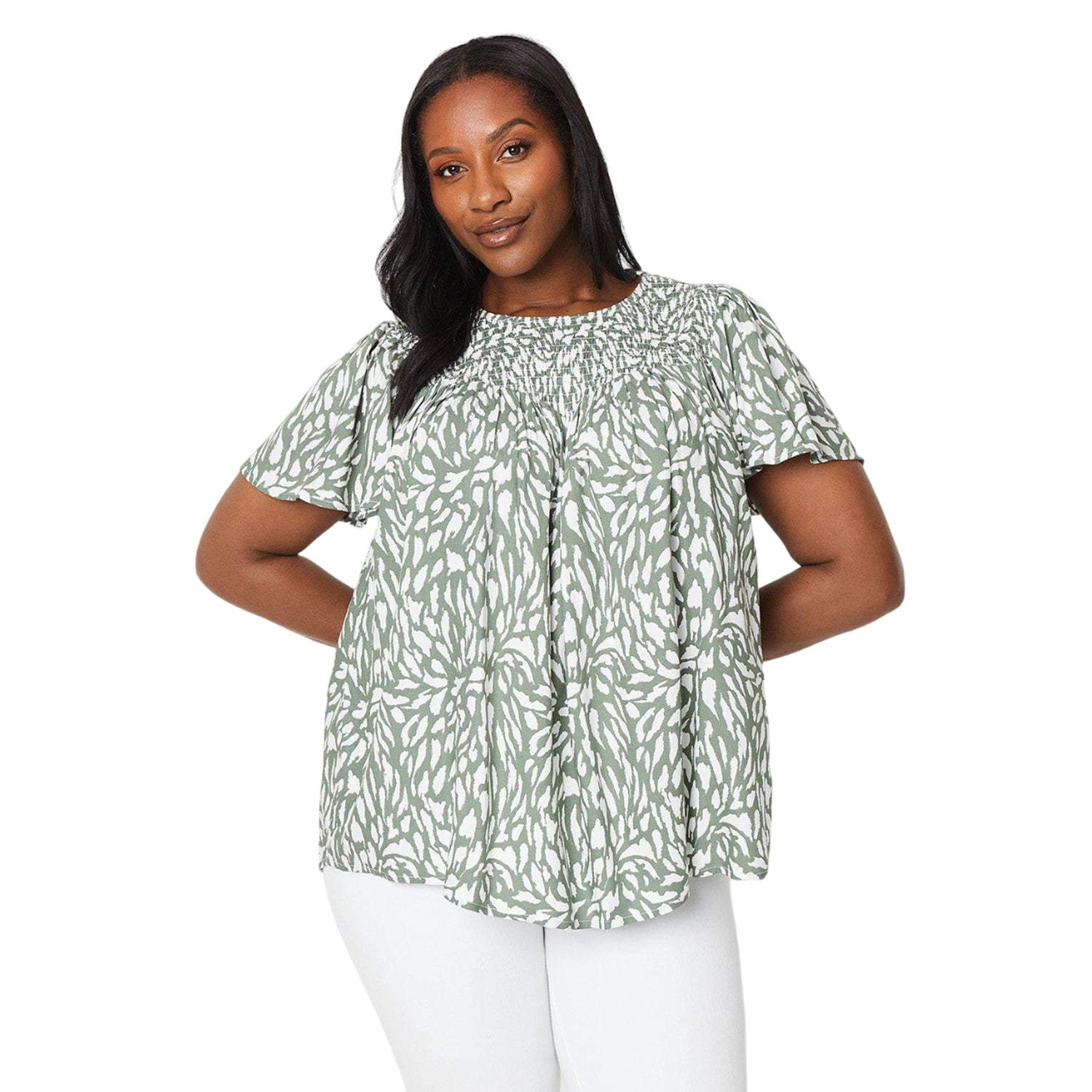 Washed Khaki - Front - Dorothy Perkins Womens-Ladies Abstract Shirred Yoke Plus Blouse