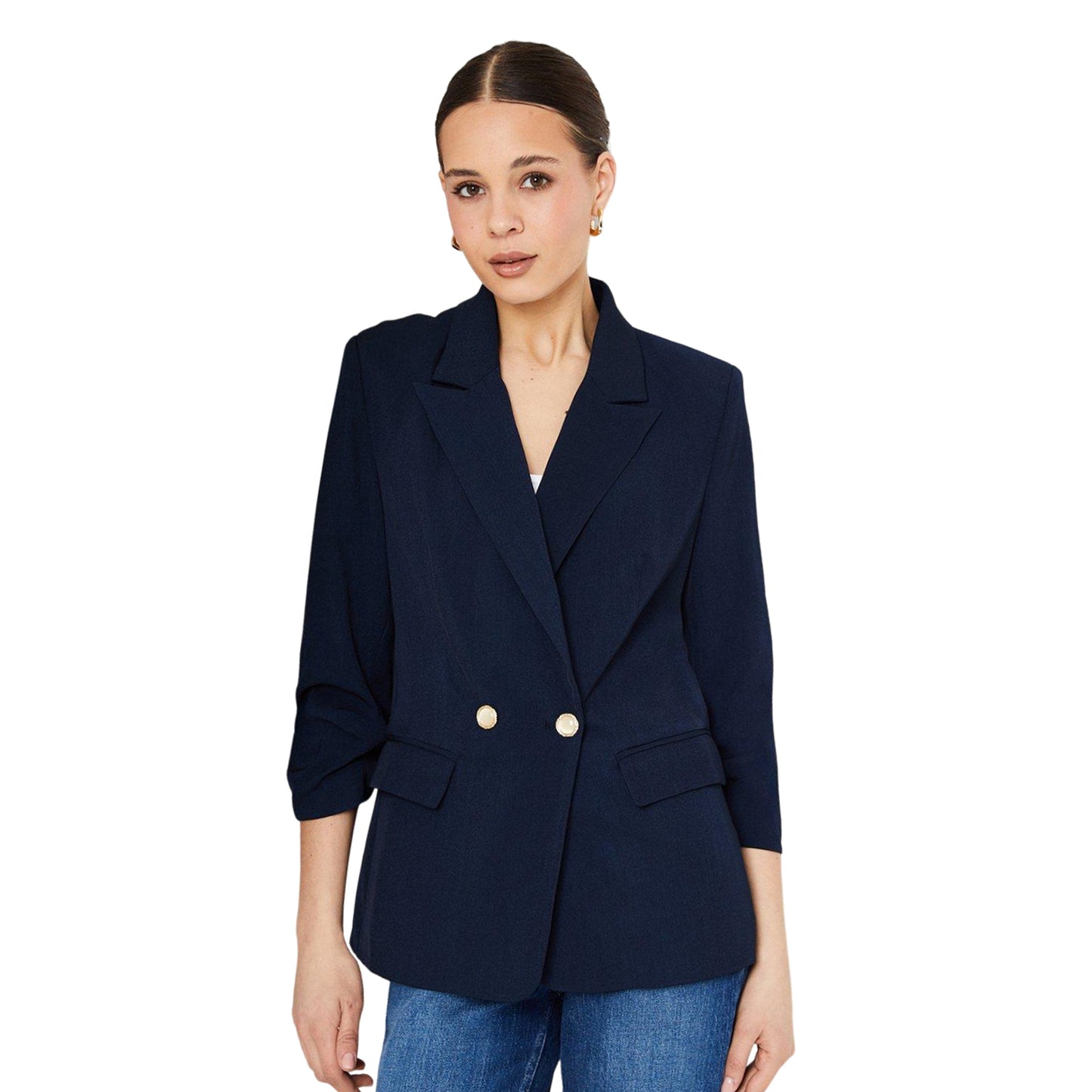 Navy - Front - Dorothy Perkins Womens-Ladies Button Detail Ruched Blazer