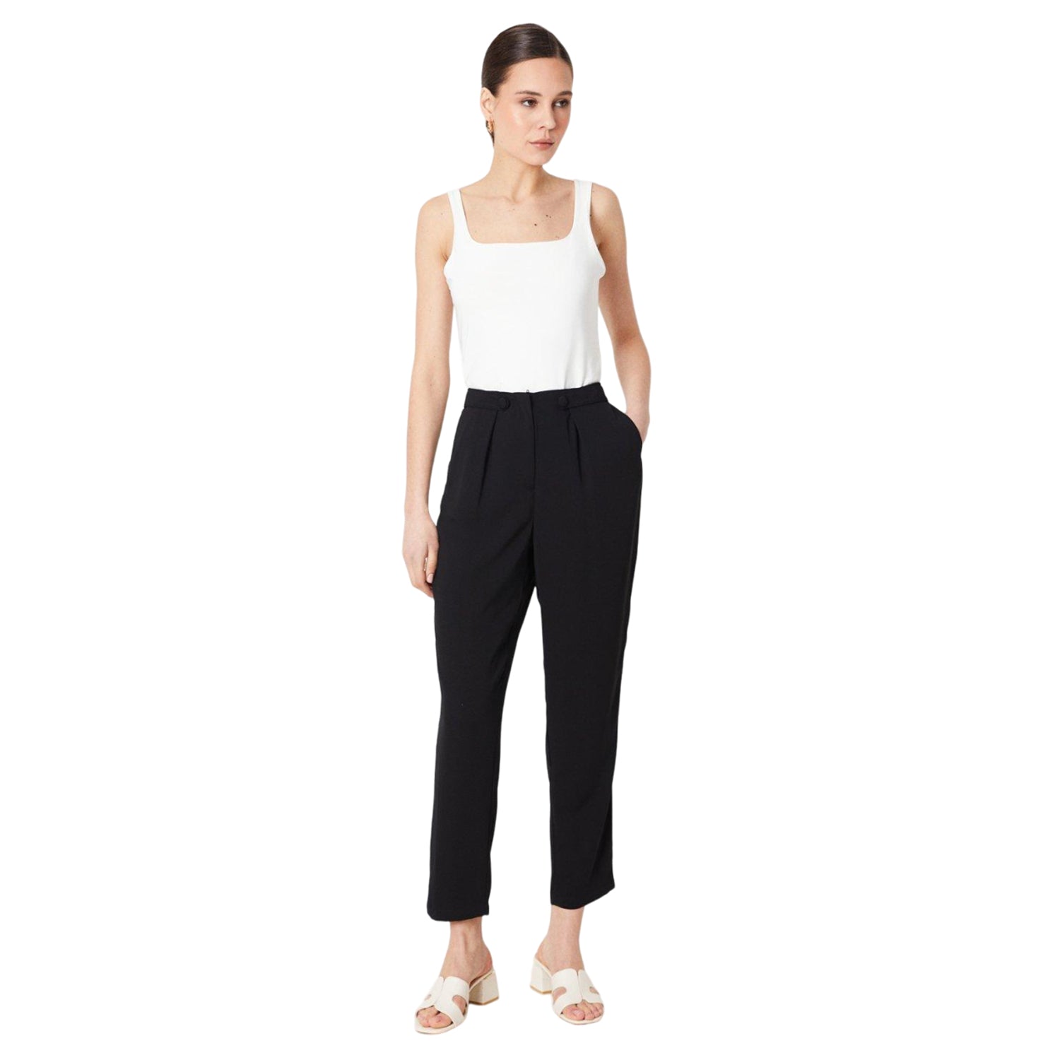 Black - Side - Dorothy Perkins Womens-Ladies Button Front Slim Leg Trousers