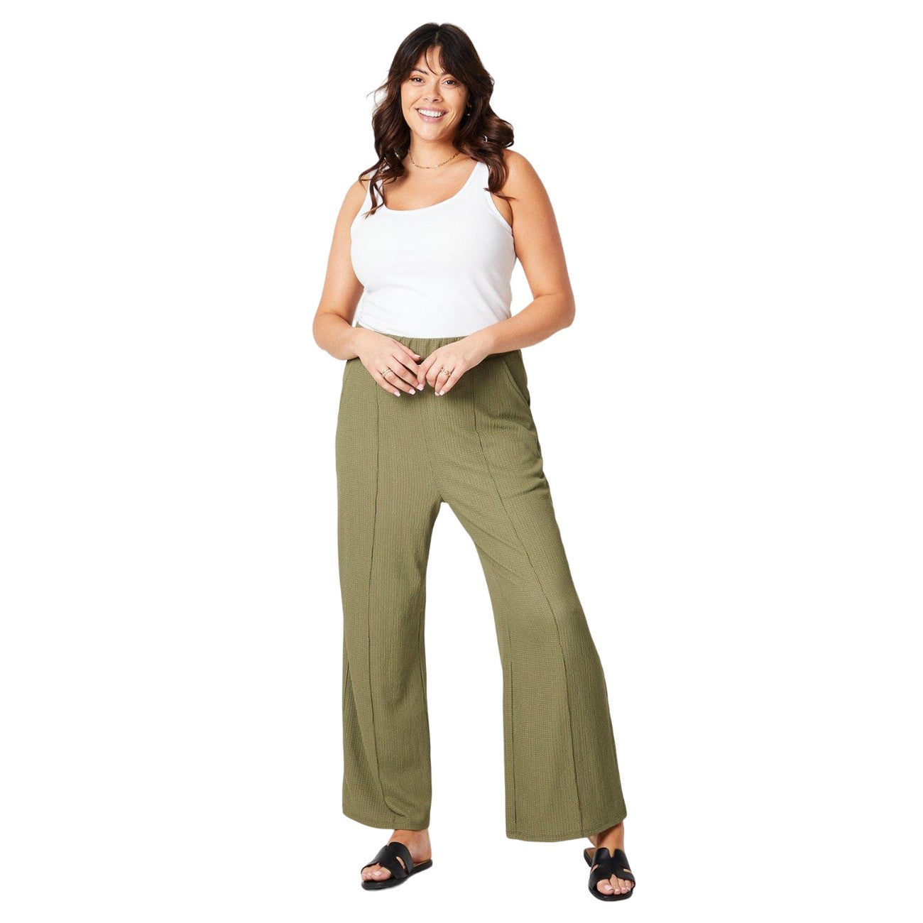 Khaki Green - Side - Dorothy Perkins Womens-Ladies Curve Wide Leg Trousers
