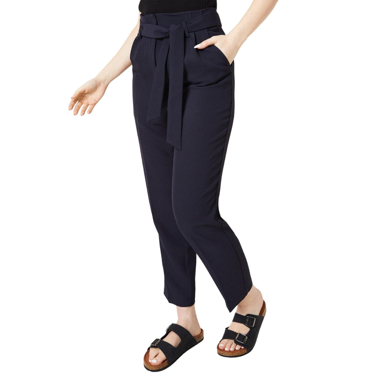Navy - Front - Dorothy Perkins Womens-Ladies Belted Paperbag Tailored Trousers