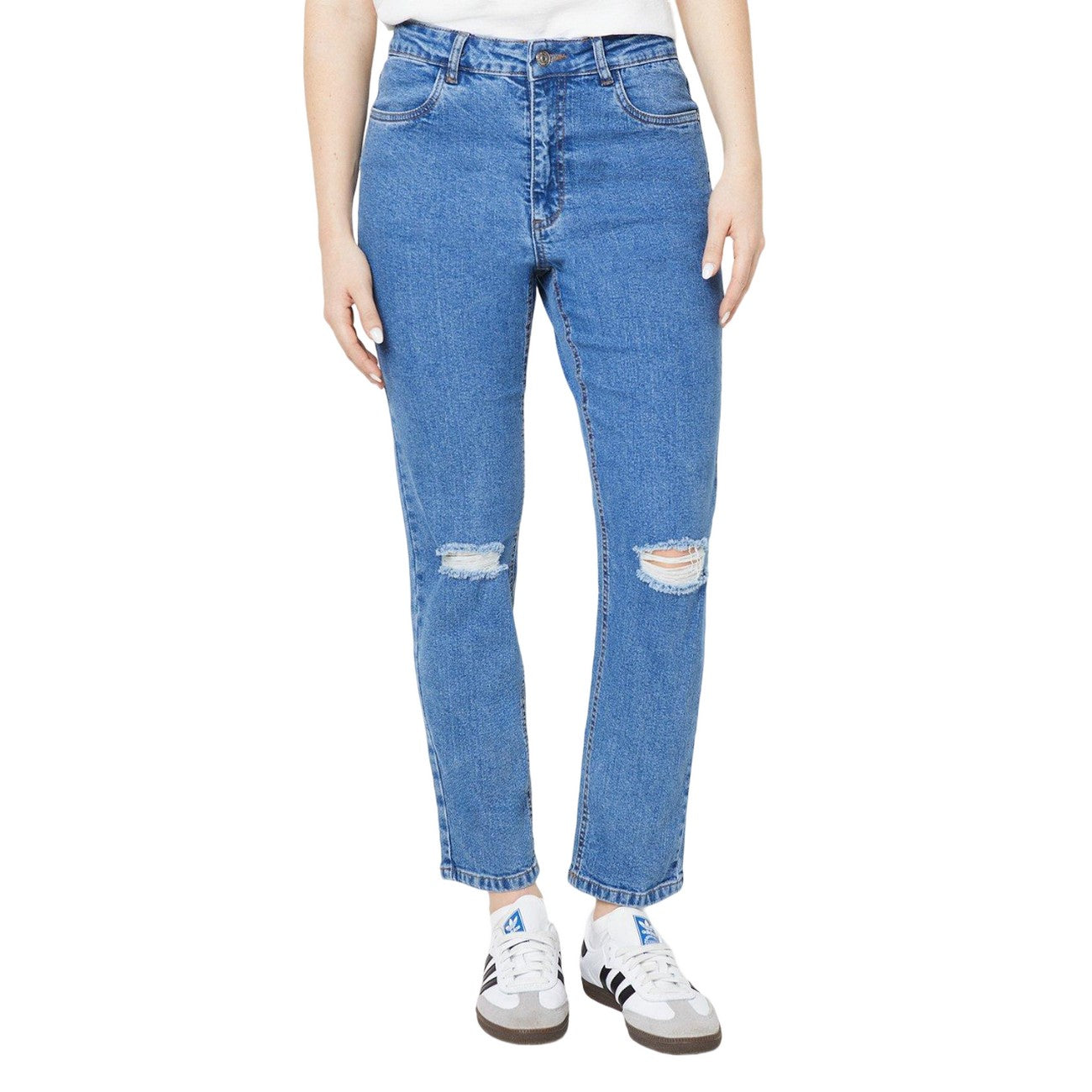Mid Wash - Front - Dorothy Perkins Womens-Ladies Ripped Relaxed Mom Jeans