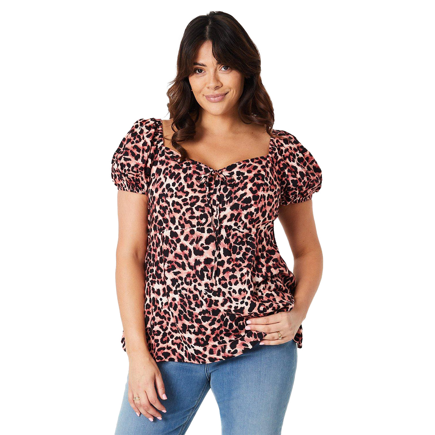 Brown-Black - Front - Dorothy Perkins Womens-Ladies Leopard Print Front Tie Plus Top