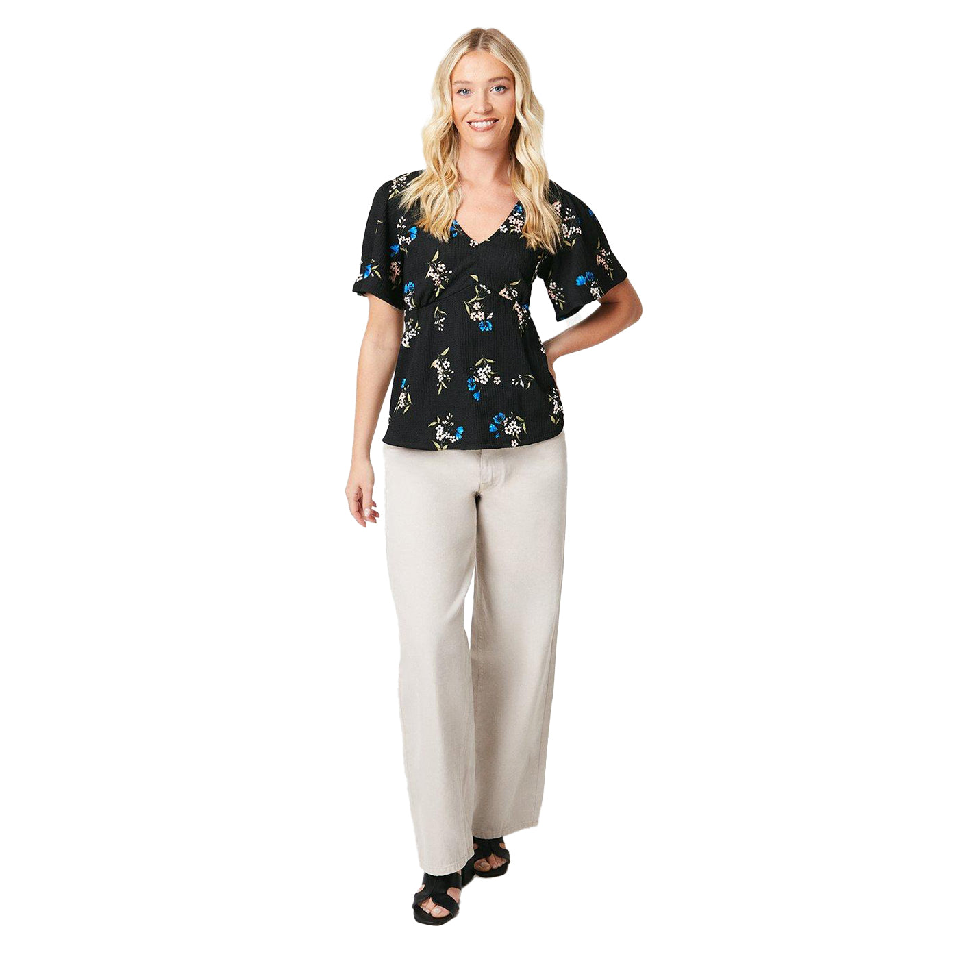 Black - Lifestyle - Dorothy Perkins Womens-Ladies Floral V Neck Flutter Top