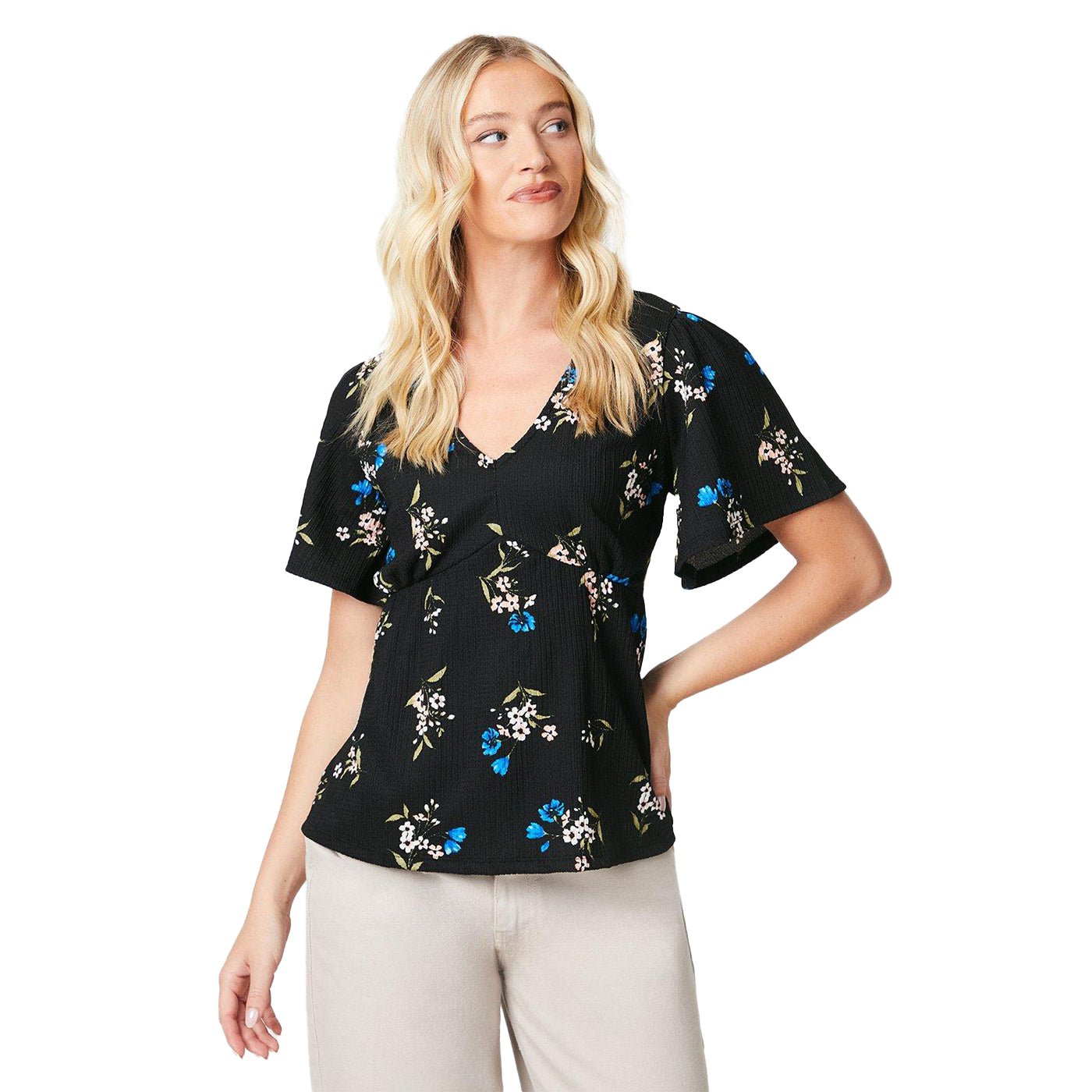 Black - Front - Dorothy Perkins Womens-Ladies Floral V Neck Flutter Top
