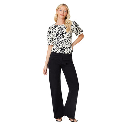 Black-White - Side - Dorothy Perkins Womens-Ladies Leopard Print Puff Shoulders Top