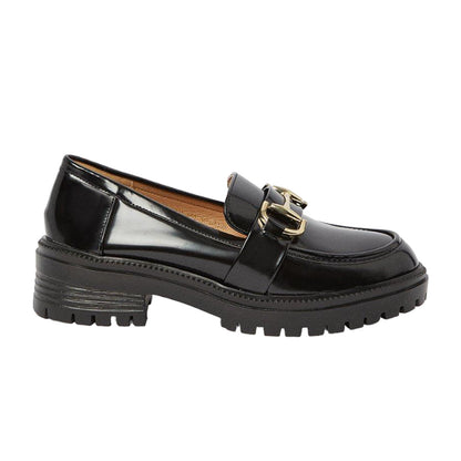 True Black - Back - Faith Womens-Ladies Nula Snaffle Detail High Shine Chunky Heel Loafers