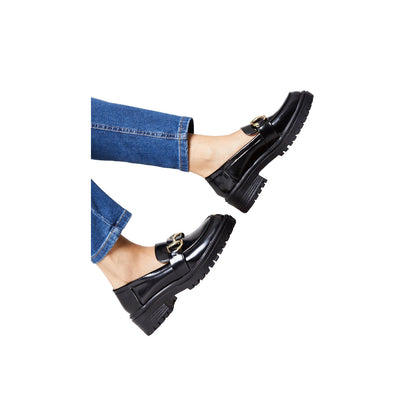 True Black - Side - Faith Womens-Ladies Nula Snaffle Detail High Shine Chunky Heel Loafers