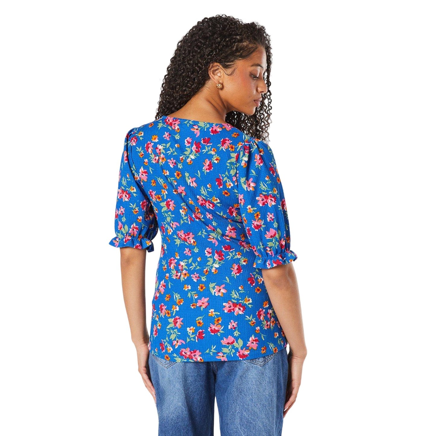 Blue - Back - Dorothy Perkins Womens-Ladies Floral Shirred Cuff Tall Top