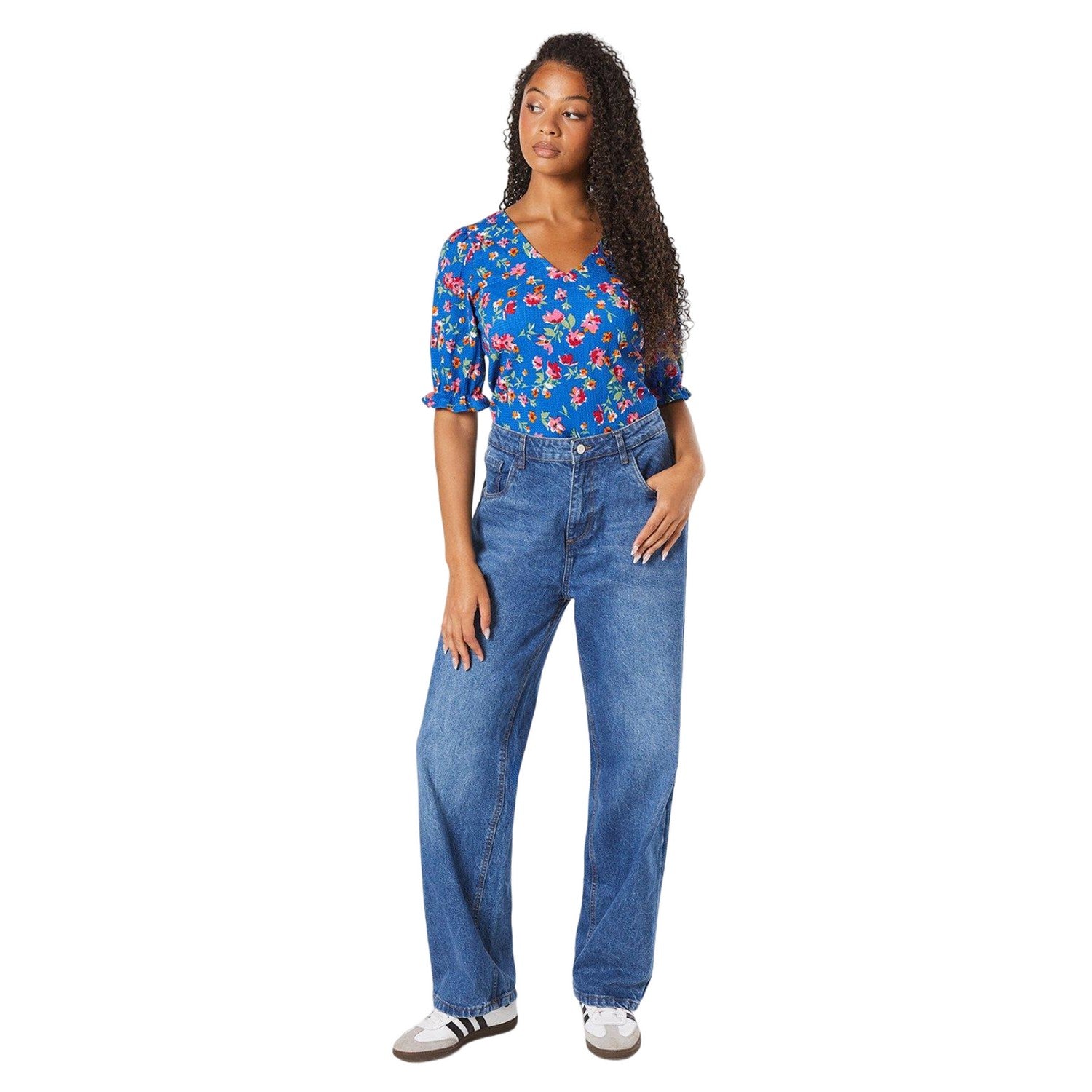 Blue - Side - Dorothy Perkins Womens-Ladies Floral Shirred Cuff Tall Top