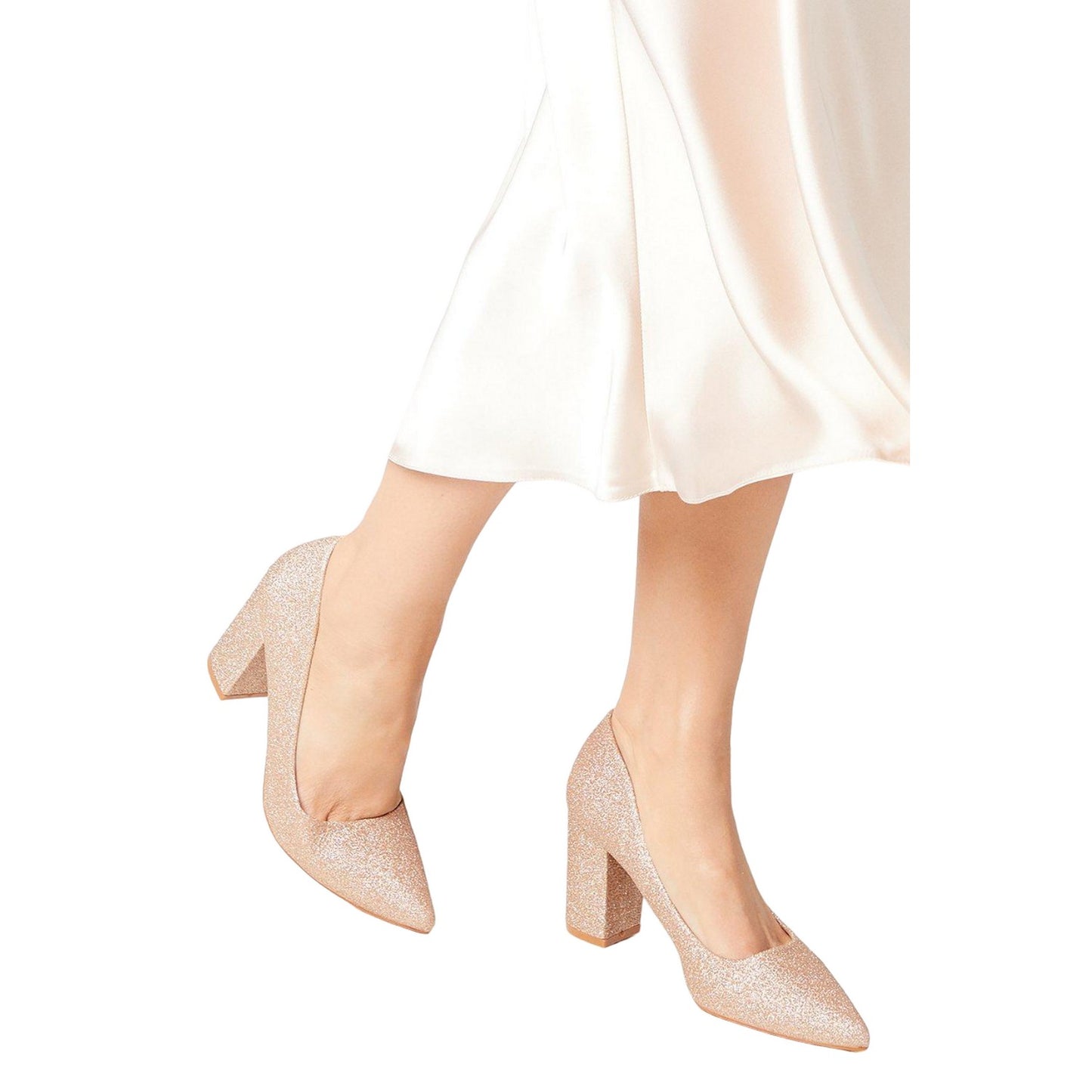 Rose Gold - Front - Dorothy Perkins Womens-Ladies Blakely Glitter Pointed High Block Heel Court Shoes