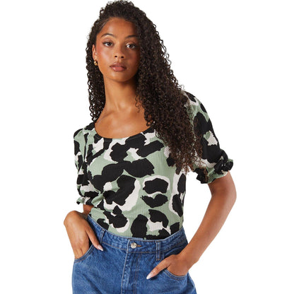 Khaki Green - Side - Dorothy Perkins Womens-Ladies Animal Print Scoop Neck Tall Short-Sleeved Top