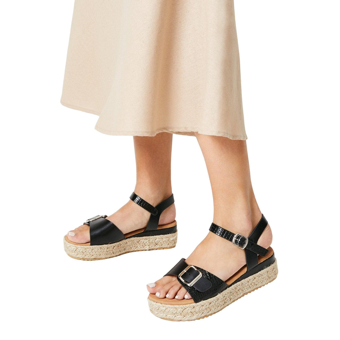 Black - Side - Good For The Sole Womens-Ladies Marta Buckle Detail Flatform Sandals
